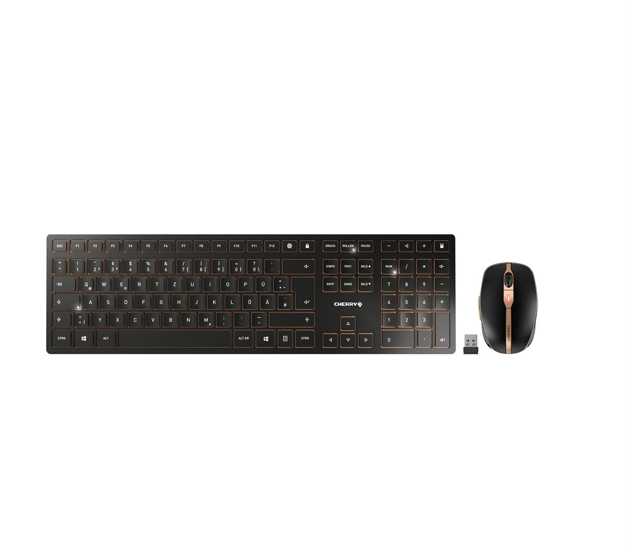 CHERRY Desktop DW 9100 SLIM DE WL AES black/copper BT Lithium Akku - wochenlange Nutzung ohne Auflad