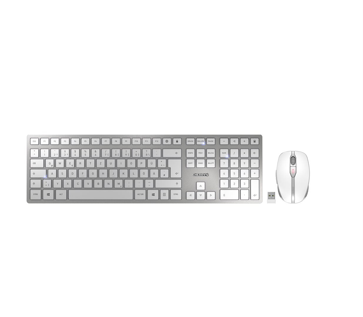 CHERRY Desktop DW 9100 SLIM DE WL AES silver/white BT Lithium Akku - wochenlange Nutzung ohne Auflad