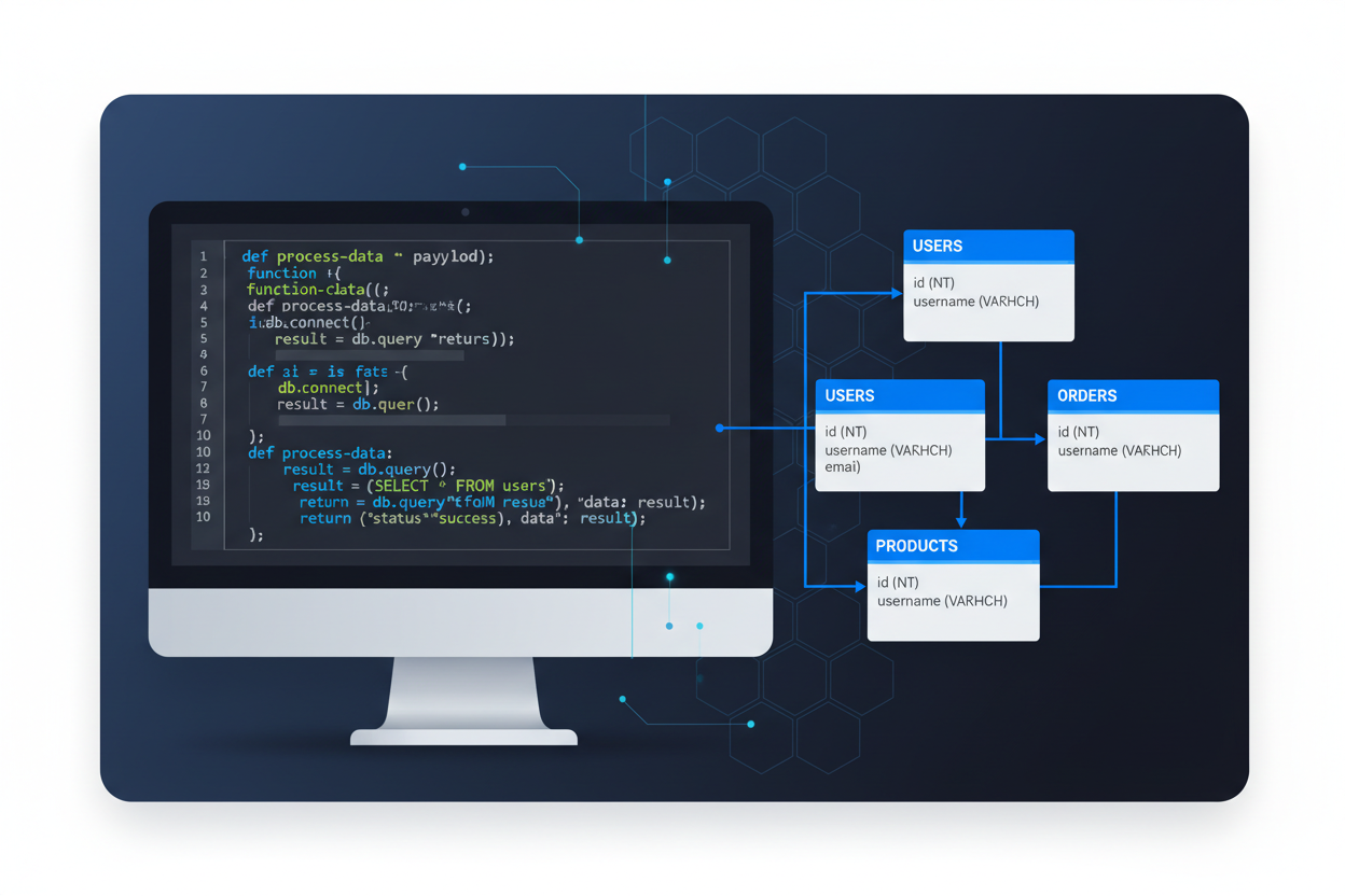 Bild mit Programmcode und Datenbankdarstellung