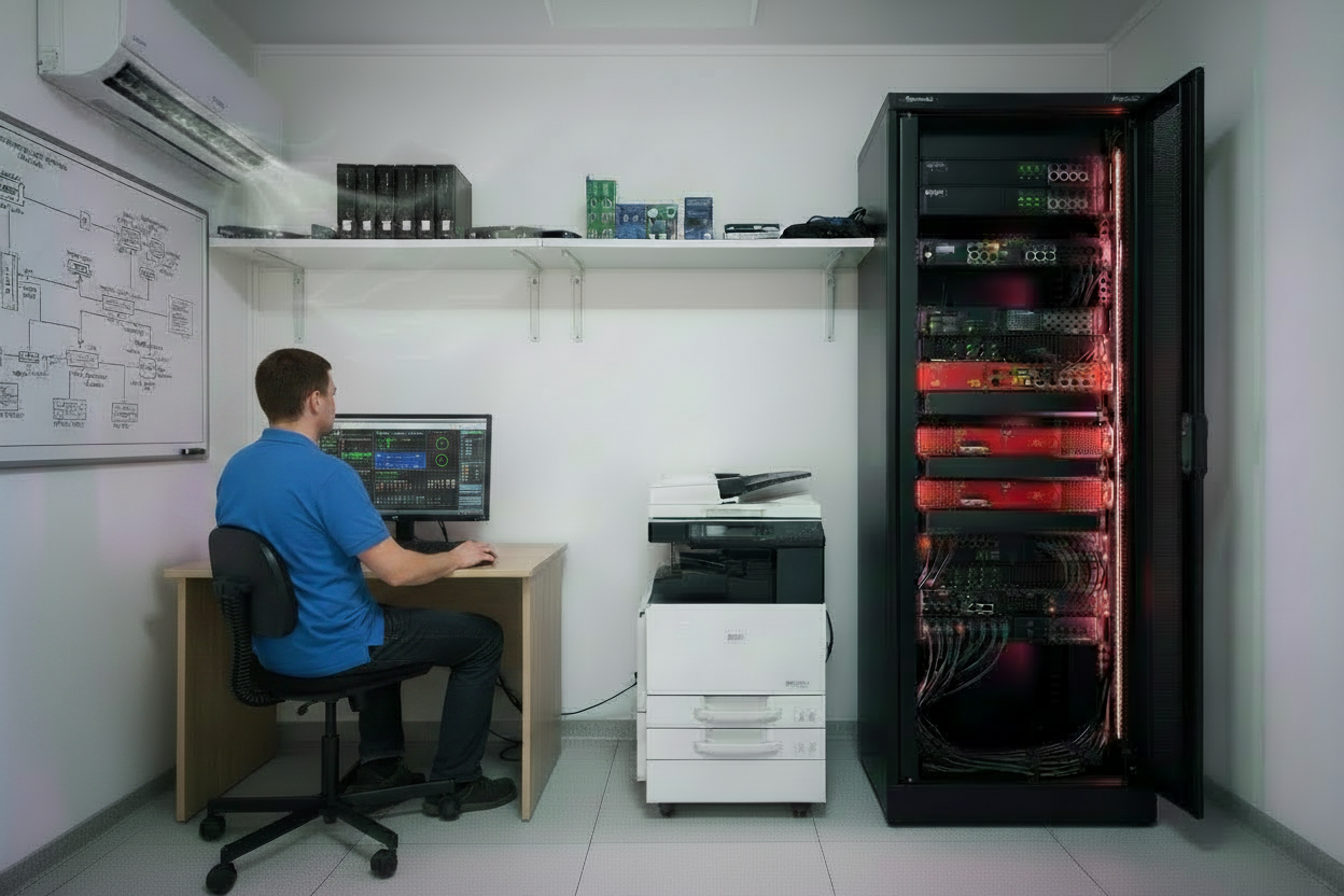 Serverraum mit Rack, Kopierer und Supportarbeitsplatz